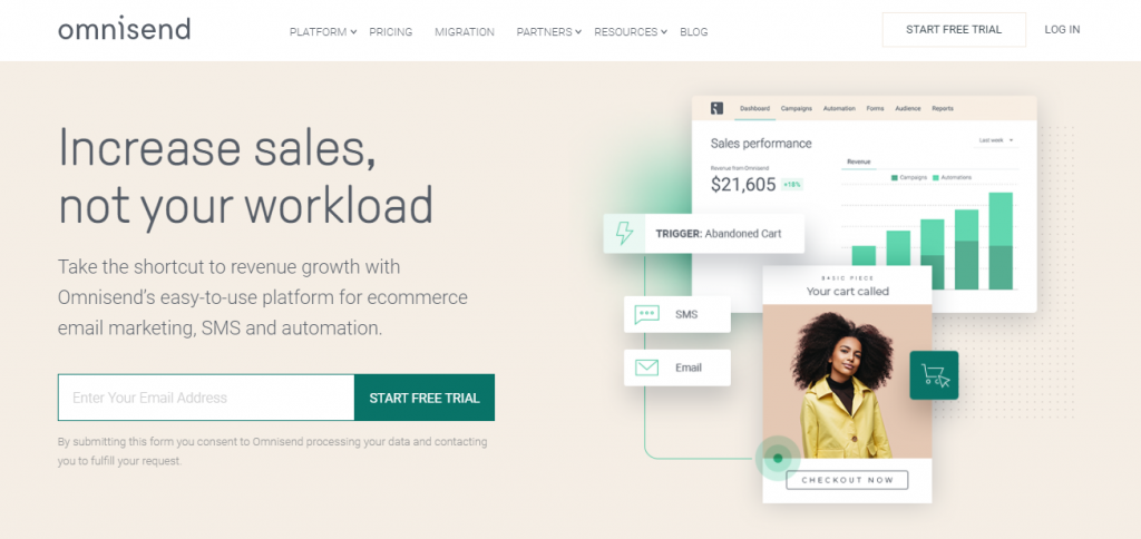 Screenshot of the Omnisend Retail Marketing Platform Homepage