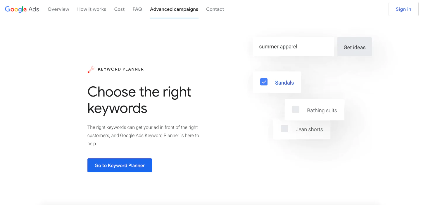 Google Keyword Planner homepage