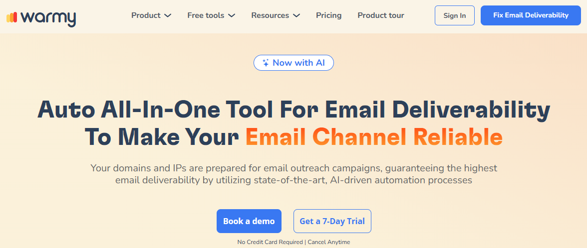 Screenshot of the Warmy Cold Email Software Homepage