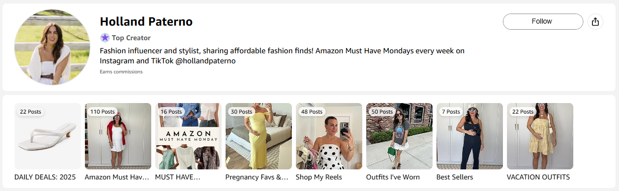 Screenshot of an influencer's (Holland Paterno) Amazon Storefront