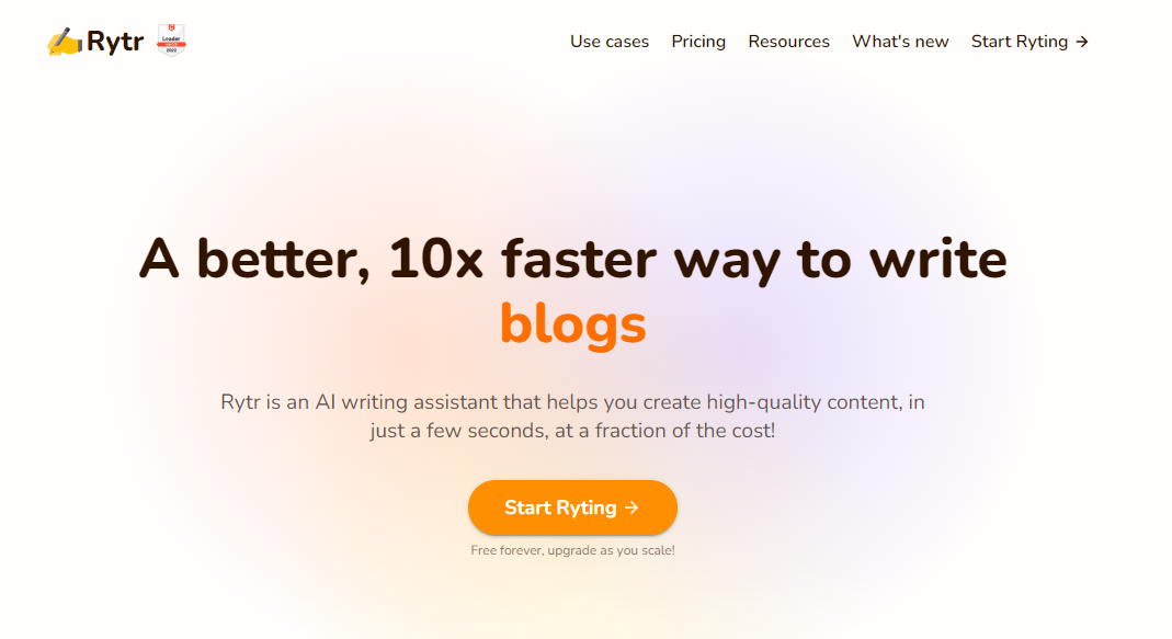 Screenshot of Rytr AI Copywriting Tool's homepage