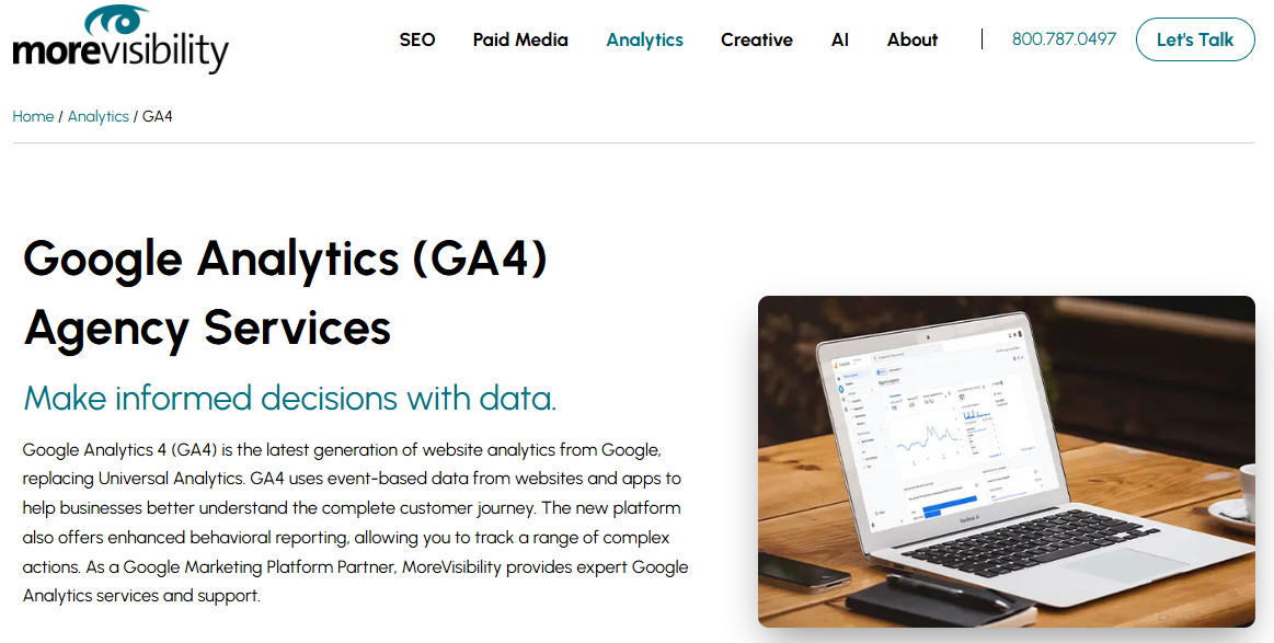 Screenshot of the MoreVisibility GA4 Agency Homepage