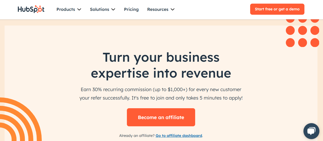 Screenshot of the HubSpot Affiliate Program Homepage