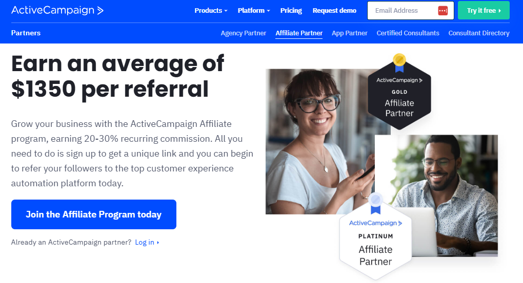 A screenshot of the ActiveCampaign Affiliate Program Landing Page