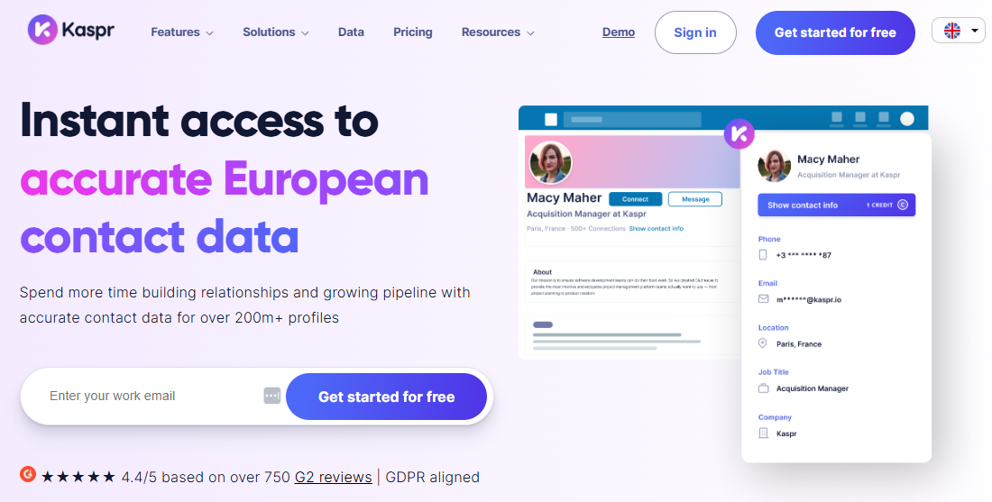 Screenshot of the Kaspr homepage