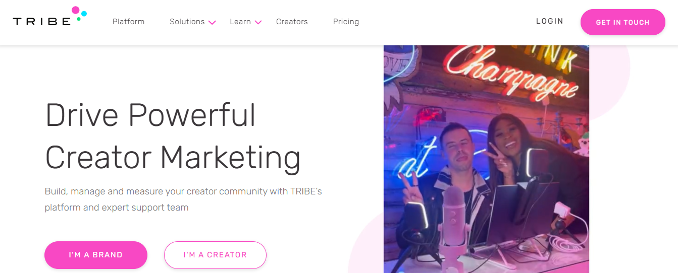 Screenshot of the TRIBE influencer platform homepage