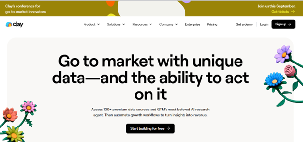 A screenshot of Clay AI sales platform homepage showing automated prospecting, data enrichment, and workflow personalization to accelerate sales processes. 