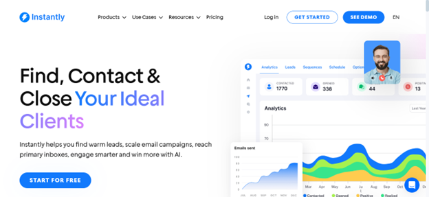 Instantly AI sales tool homepage highlighting automated cold email campaigns, smart sending, and high-converting outreach sequences.