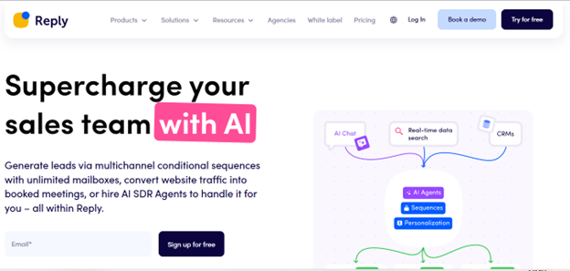 Reply.io AI sales platform homepage highlighting multichannel outreach automation, lead scoring, and smart follow-up sequences.
