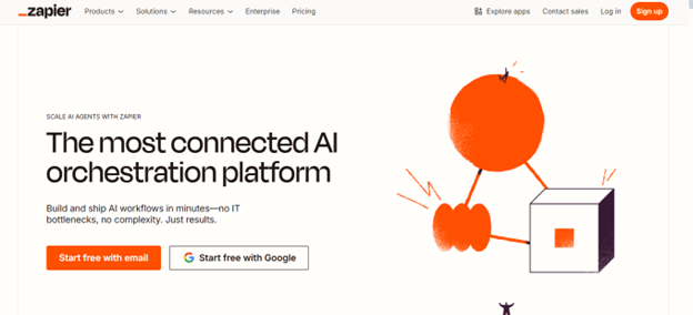 A screenshot of Zapier homepage displaying AI sales automation features for syncing apps, streamlining workflows, and reducing manual sales tasks.