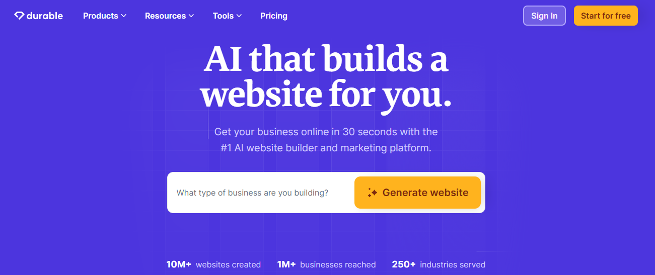 Screenshot of the Durable AI Landing Page Generator's Homepage