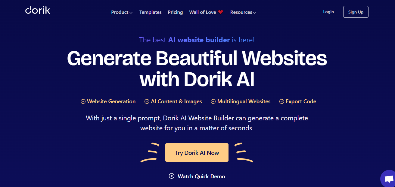 Dorik AI builder homepage highlighting editable landing pages with CMS, blogging tools, and white-label options for freelancers and small teams.
