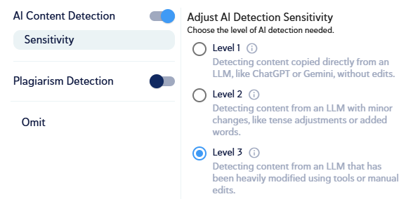 Copyleaks' levels of Sensitivity for AI detection