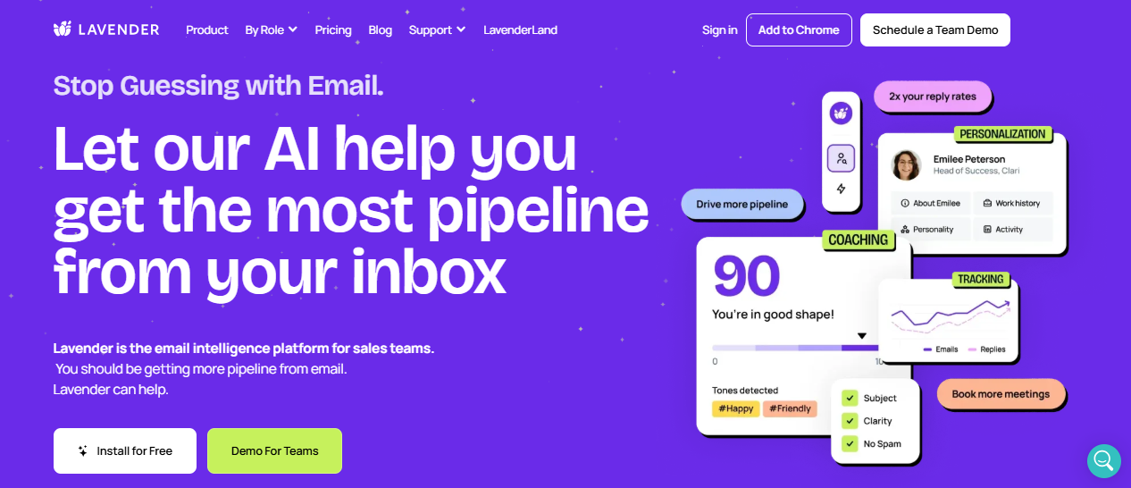 Screenshot of the Lavender AI homepage