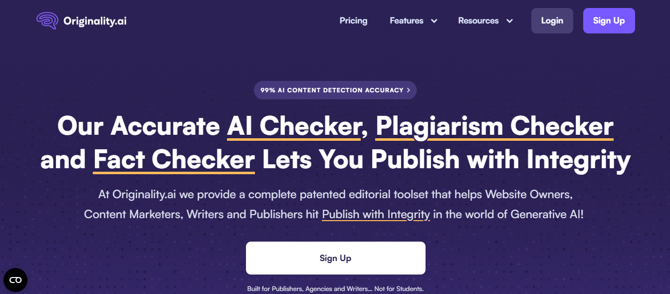 Screenshot of the Originality AI homepage