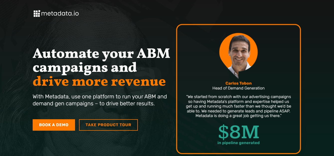 A Screenshot of Metadata.io’s ABM software platform showcasing AI-driven campaign automation, intent-enriched audience targeting, pipeline-driven optimization.