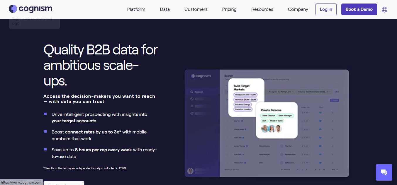 Cognism homepage with its ABM solution for B2B teams. Cognism ABM tools succeed at showcasing compliant sales intelligence, intent data, and phone‑verified contact info.