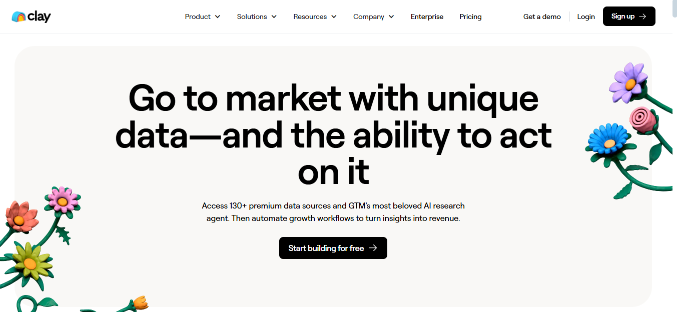 Screenshot of Clay AI sales tool homepage highlighting 130+ data sources, AI research capabilities, and automated workflows for go-to-sales teams to drive revenue growth.