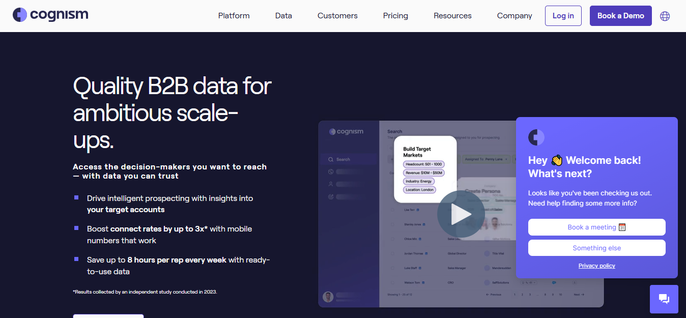 A screenshot of Cognism AI sales tool homepage showing real-time data to generate leads, contact enrichment for targeted decision-makers, and other features.