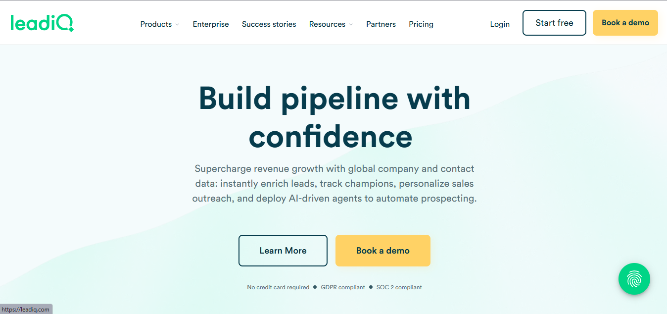 The LeadIQ AI sales tool homepage showing how sales teams can use AI for sales to build pipeline with confidence and supercharge revenue growth.