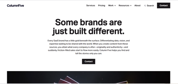 A screenshot of Column Five content marketing agency’s homepage, showcasing their content marketing services tailored for SaaS brand narratives. 