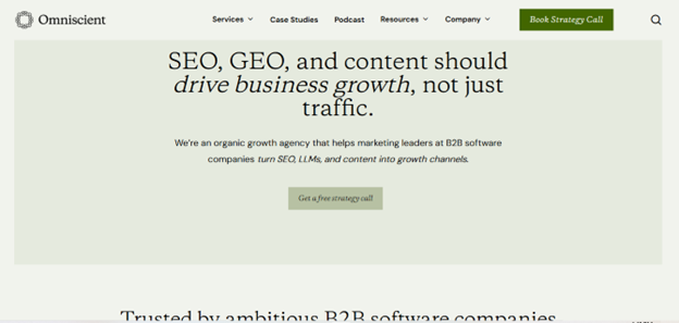 A screenshot of Omniscient content marketing agency’s homepage, showcasing SEO, generative optimization, programmatic content and analytics tailored for B2B software growth 