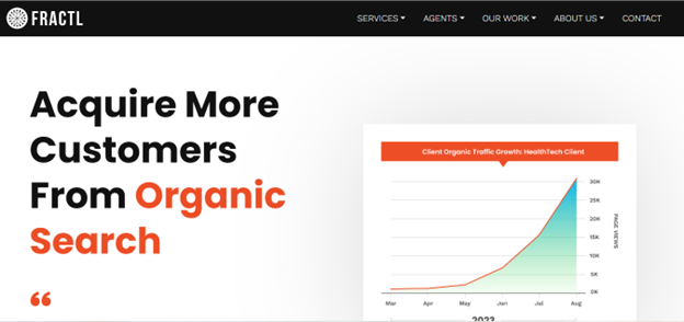 A screenshot of Fractl content marketing agency’s homepage, featuring an organic growth strategy stack, client success stats, and dynamic visuals of search-driven content services. 