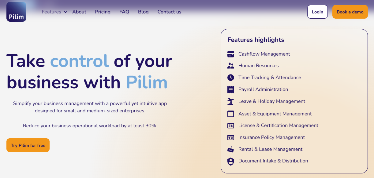 Screenshot of the Pilim Business Management Tool's homepage