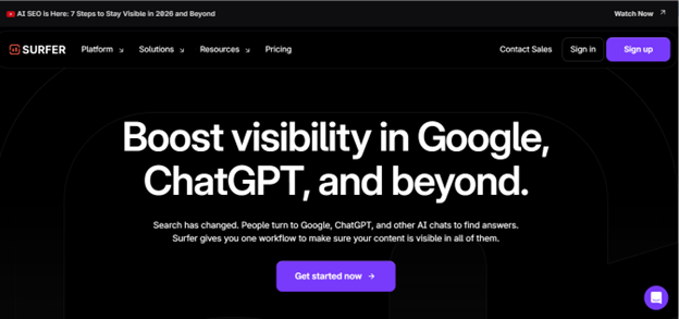 Surfer SEO platform homepage screenshot showcasing how you can use the tool for SEO to boost visibility in Google SERPs, ChatGPT and beyond.