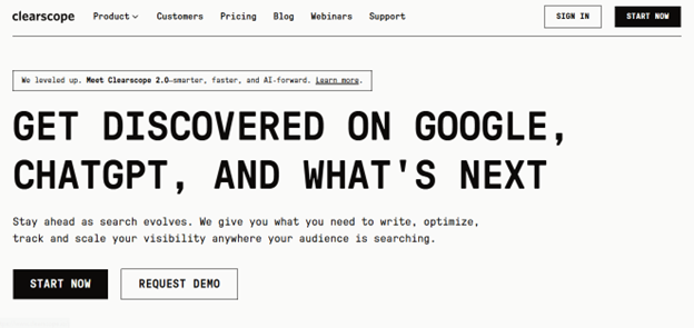 A screenshot of Clearscope SEO tool that can transform your SEO efforts by helping you get discovered on Google, ChatGPT and more.