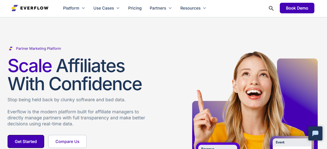 Screenshot of the Everflow affiliate software homepage