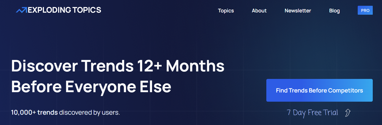 Sceenshot of the Exploding Topics homepage
