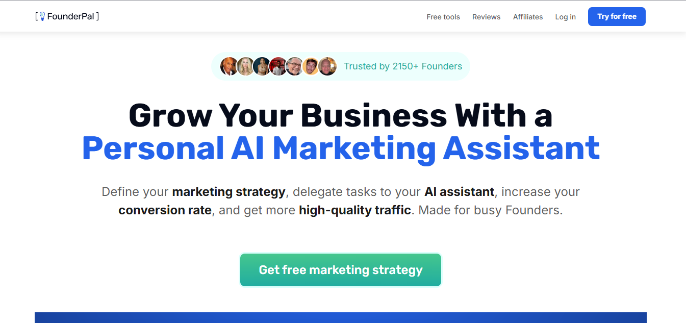 Screenshot of FounderPal’s homepage highlighting its platform as a free AI marketing tool for marketers with personal AI marketing assistant.