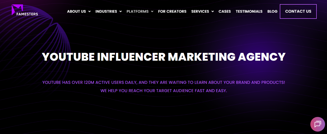 Screenshot of the Famesters YouTube Influencer Marketing Agency homepage