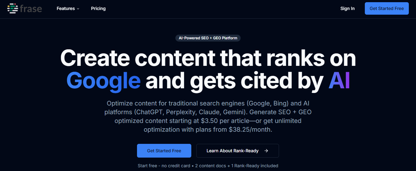 Screenshot of the Frase.io homepage