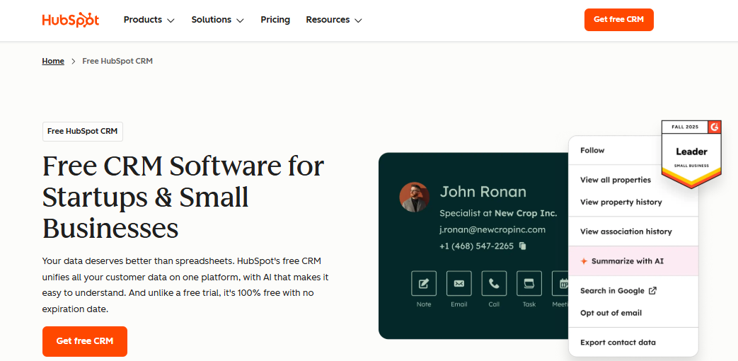 Screenshot of HubSpot's Free CRM homepage