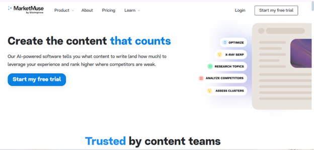 Screenshot of MarketMuse’s homepage promoting its free AI marketing tool that helps create optimized content, analyze competitors, research topics, and improve search rankings.