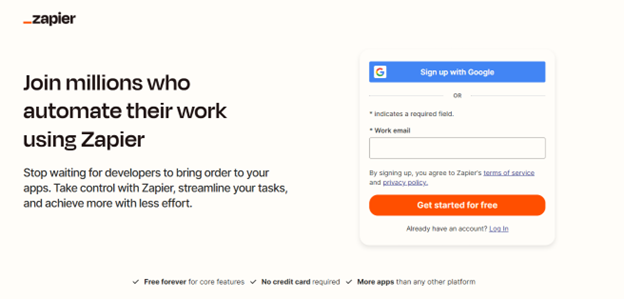 A screenshot of the Zapier AI platform homepage showcasing it as one of the top free AI tools for marketing automation and streamlining workflows without coding.