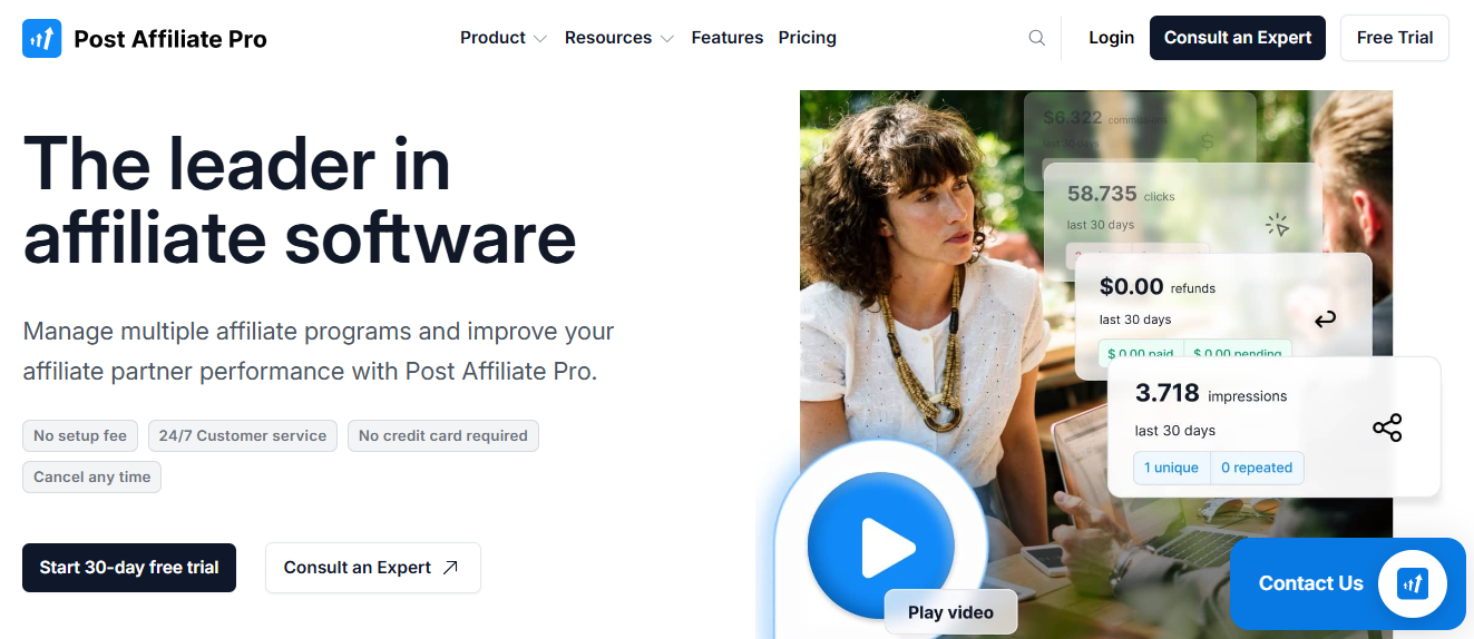 Screenshot of the Post Affiliate Pro homepage