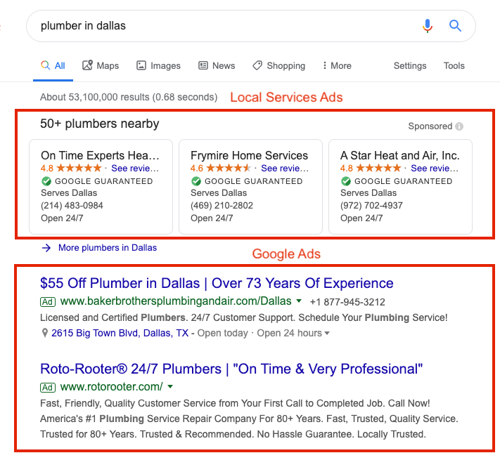Screenshot of Google search results for "plumbers in Dallas", showing the Local Services Ads at the top of the page, above the Google Search Ads