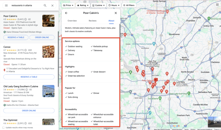 Screenshot of the attributes listed on a Google Business Profile for a restaurant, including things like wheelchair accessibility, bar, and takeaway availability