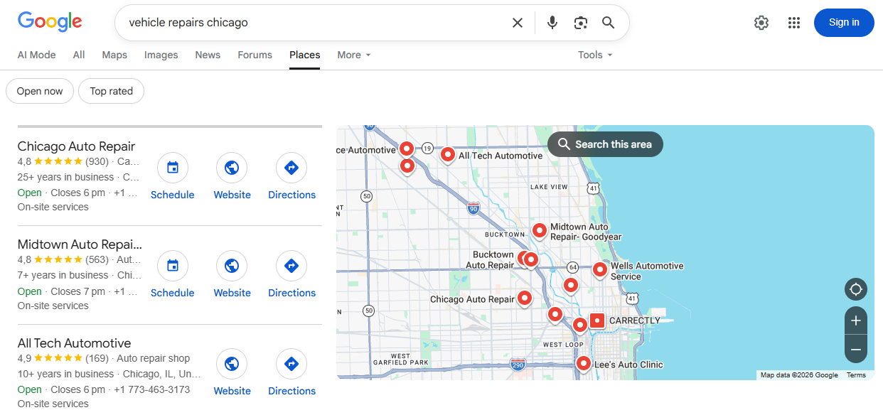 Screenshot of the Google Map Pack results for the search "vehicle repairs Chicago"