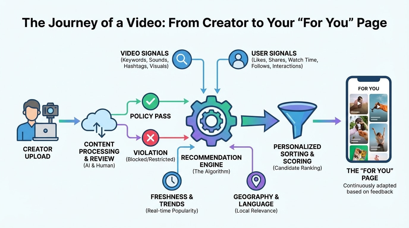 Graphic showing the TikTok process from video creation to engagement signals and finally visibility on the For You Page