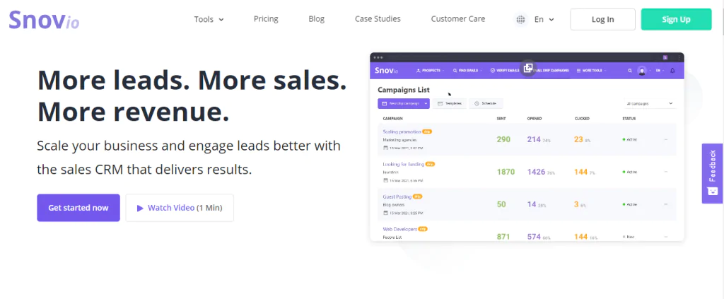 B2B Lead Generation Software - Screenshot of the Snov.io homepage