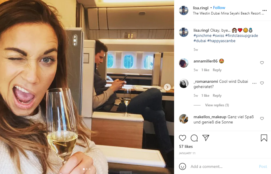 Customer Appreciation - Instagram screenshot of a happy woman who had her ticket upgraded to first class 