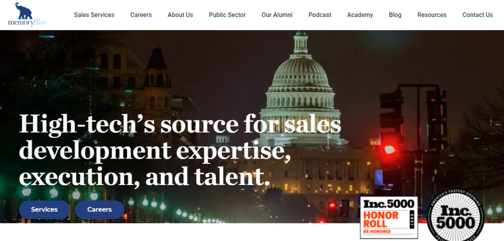 Screenshot of the outsourced sales team MemoryBlue's homepage