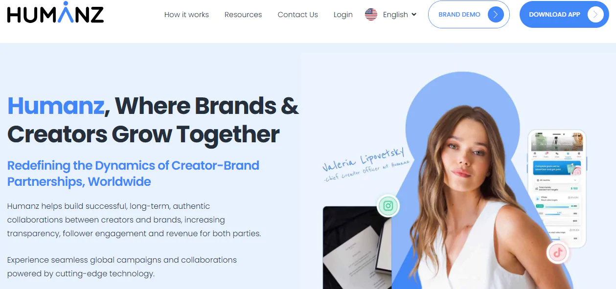 Screenshot of the Humanz Influencer Services Homepage