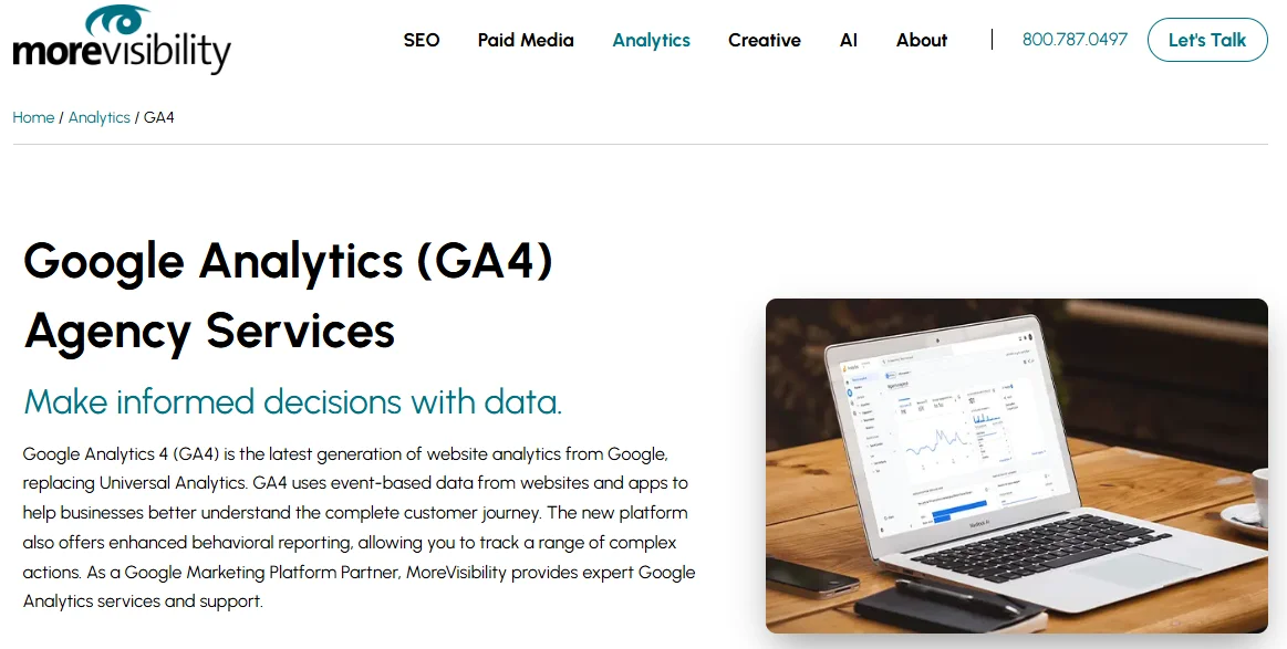 Screenshot of the MoreVisibility GA4 Agency Homepage