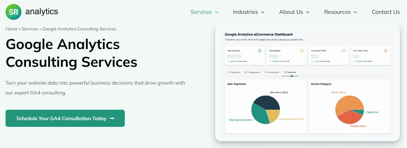 Screenshot of the SR Analytics Consulting Services homepage