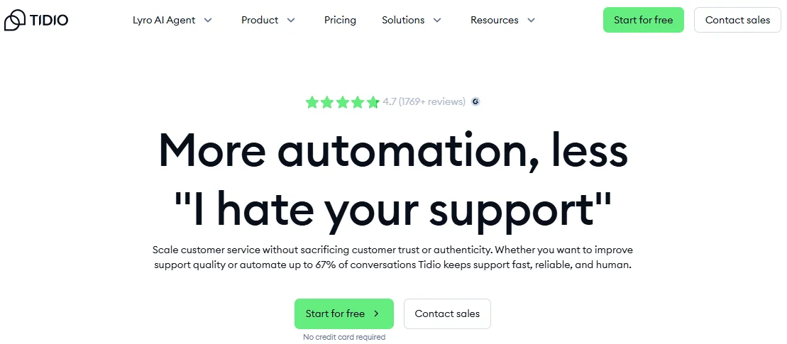 Screenshot of the Tidio homepage